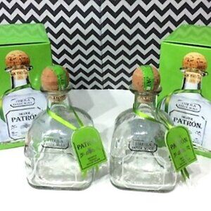 2 DIY PATRON SILVER TEQUILA BOTTLES, GLASS 750 ML WITH BOXES